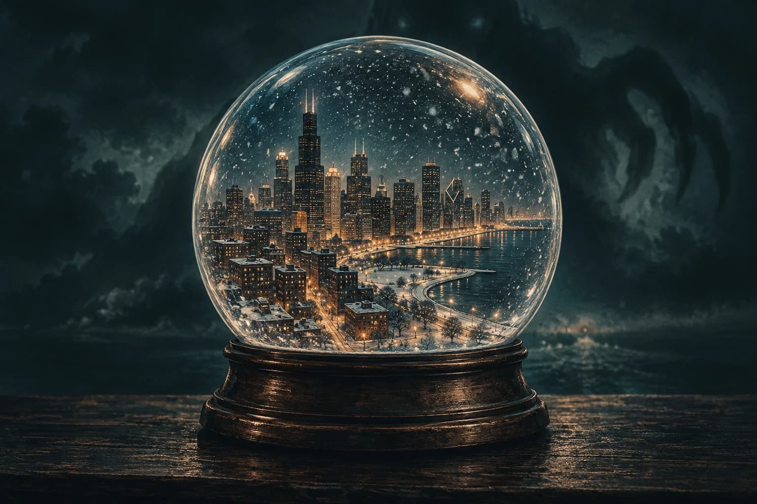 Chicago’s illuminated skyline enclosed in a glass snow globe beneath dark clouds