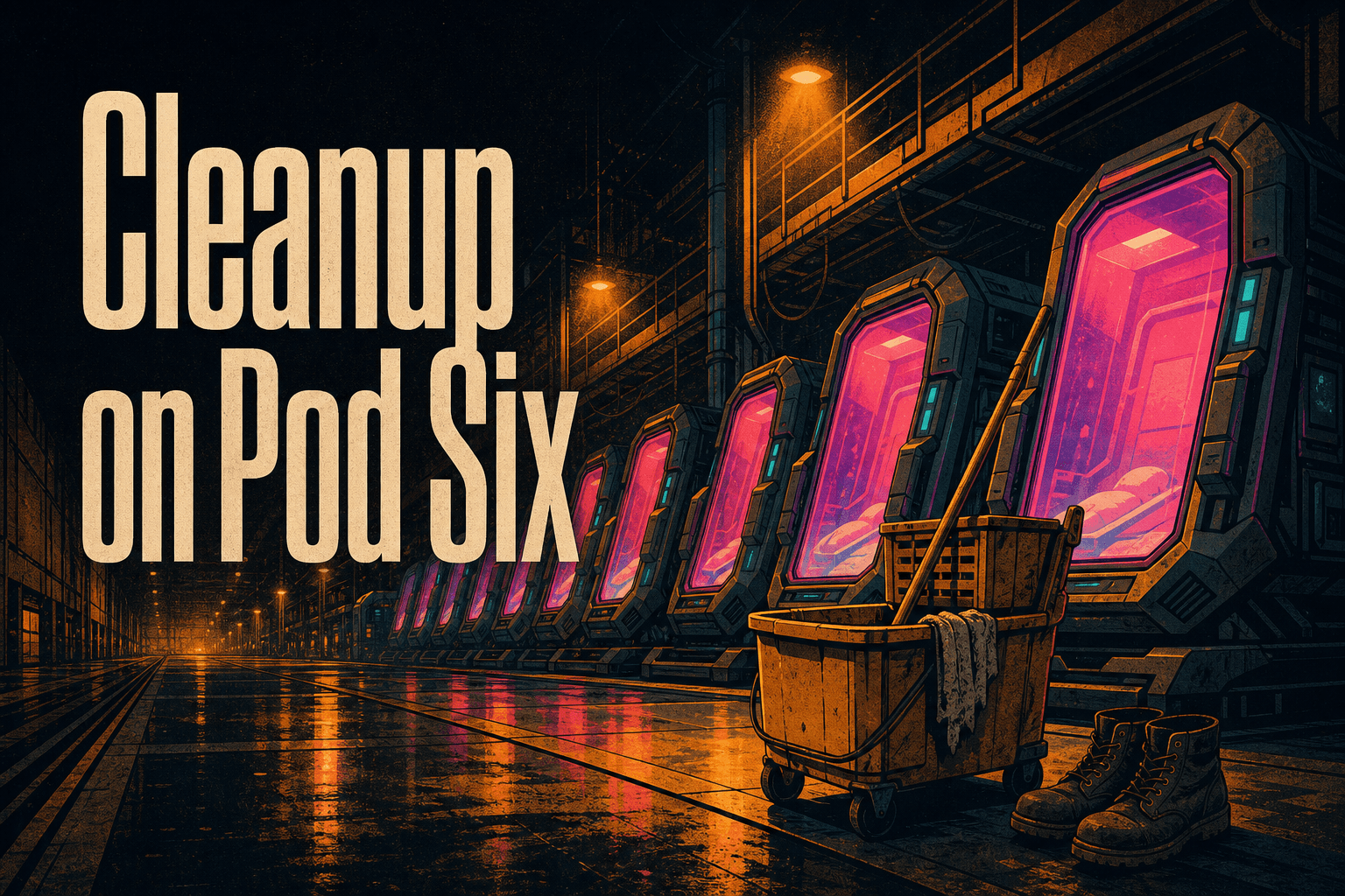 Cleanup on Pod Six — a janitor’s cart and boots beside glowing virtual-reality pods