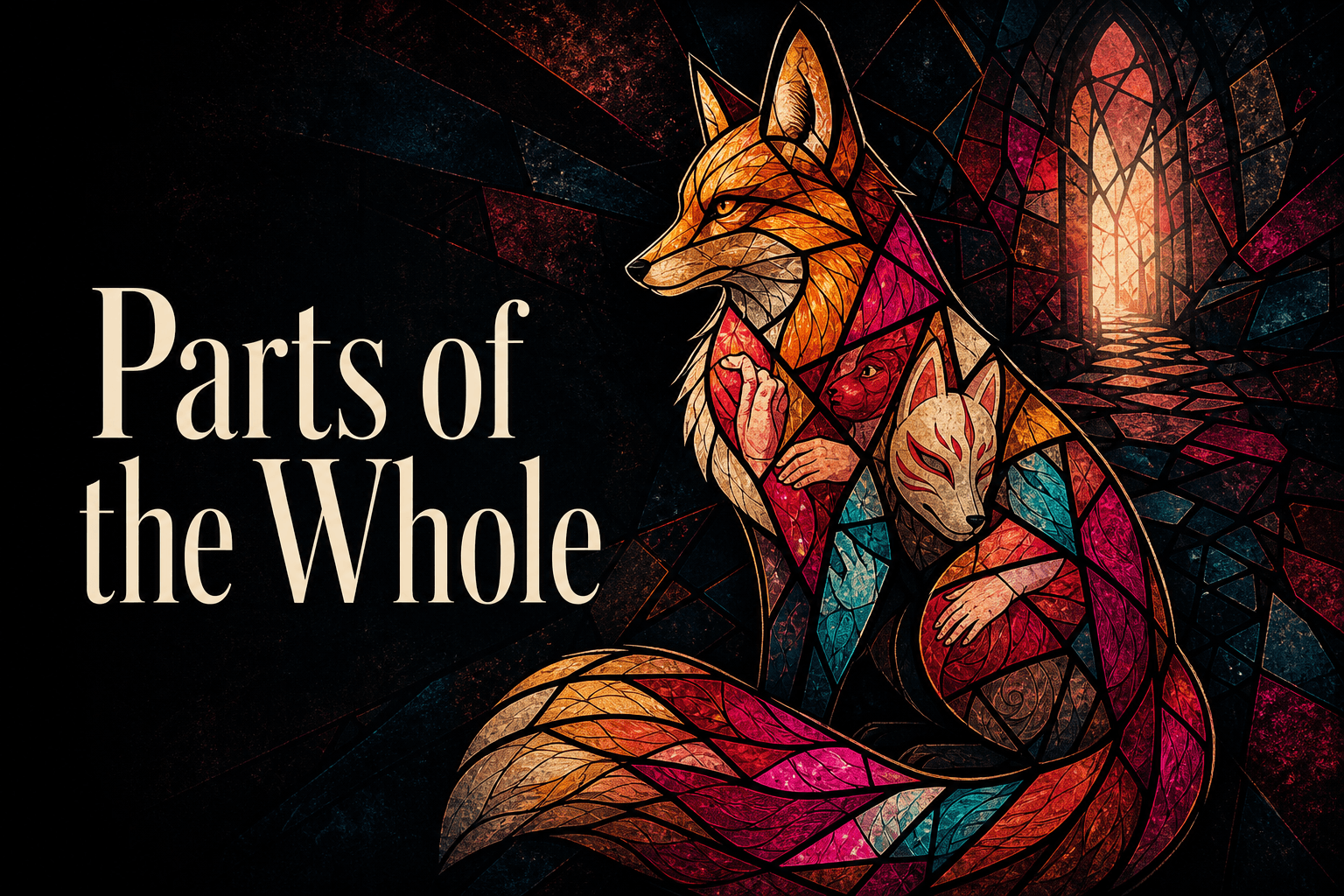 Parts of the Whole — a stained-glass fox assembled from luminous human and kitsune pieces