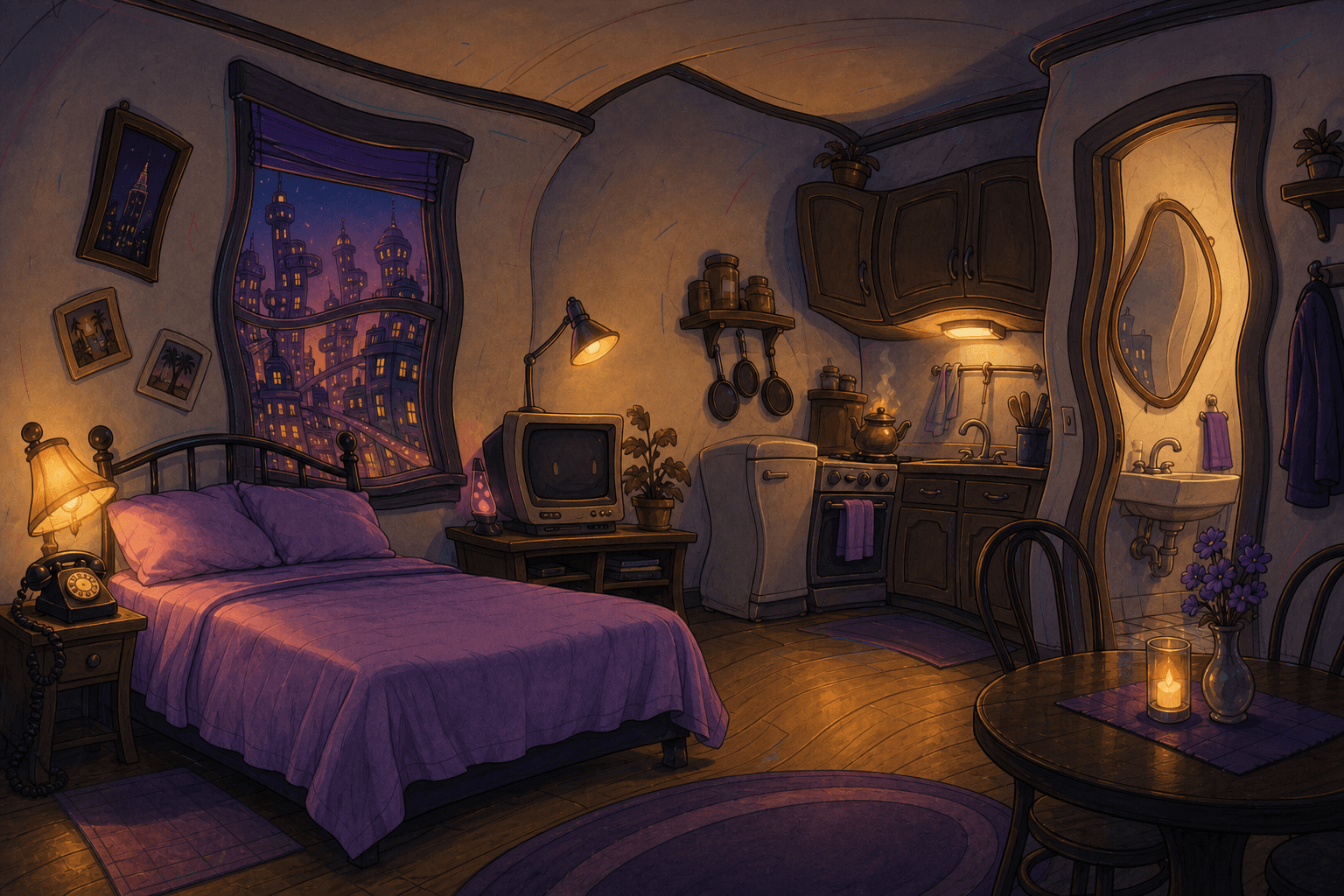 Trudy's clean Toon-world studio apartment, with lavender bedding, gently warped walls, and an impossible Clampett skyline outside
