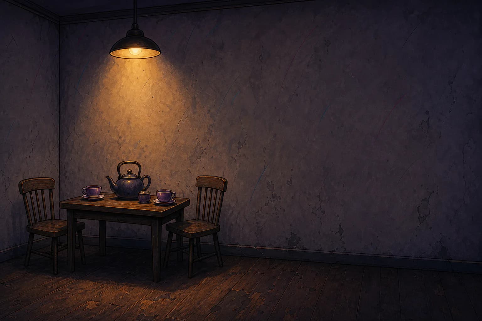 A plain, dark room with two chairs and a tea service under one light