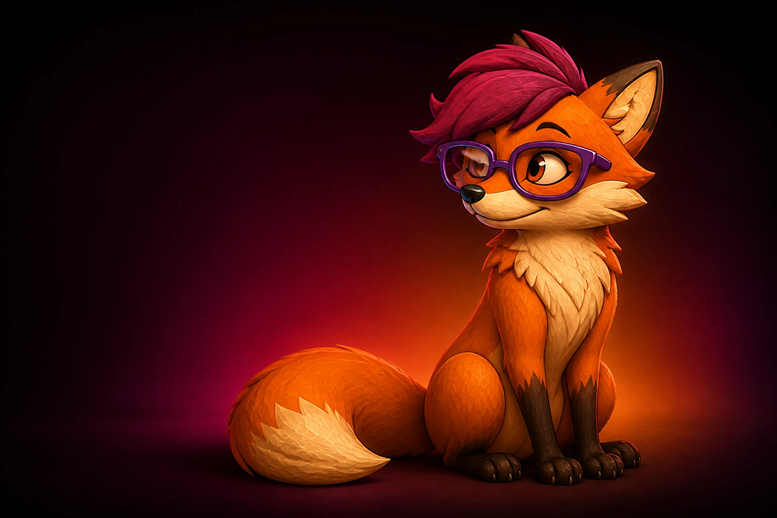 Moxie, an orange fox with purple glasses and a magenta forelock, sits and looks toward The Arcades' Lab title.