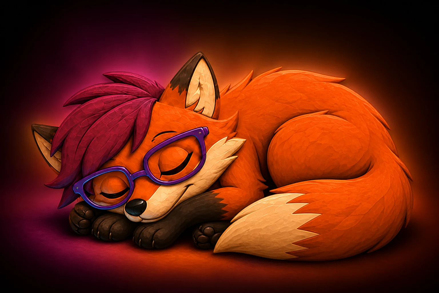 Moxie sleeps curled around her tail with her purple glasses resting on her face.
