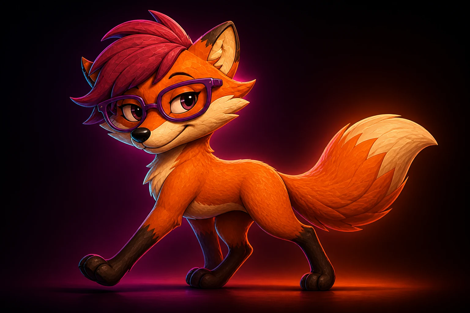 Moxie walks forward with an easy stride, her purple glasses and magenta forelock catching the neon light.