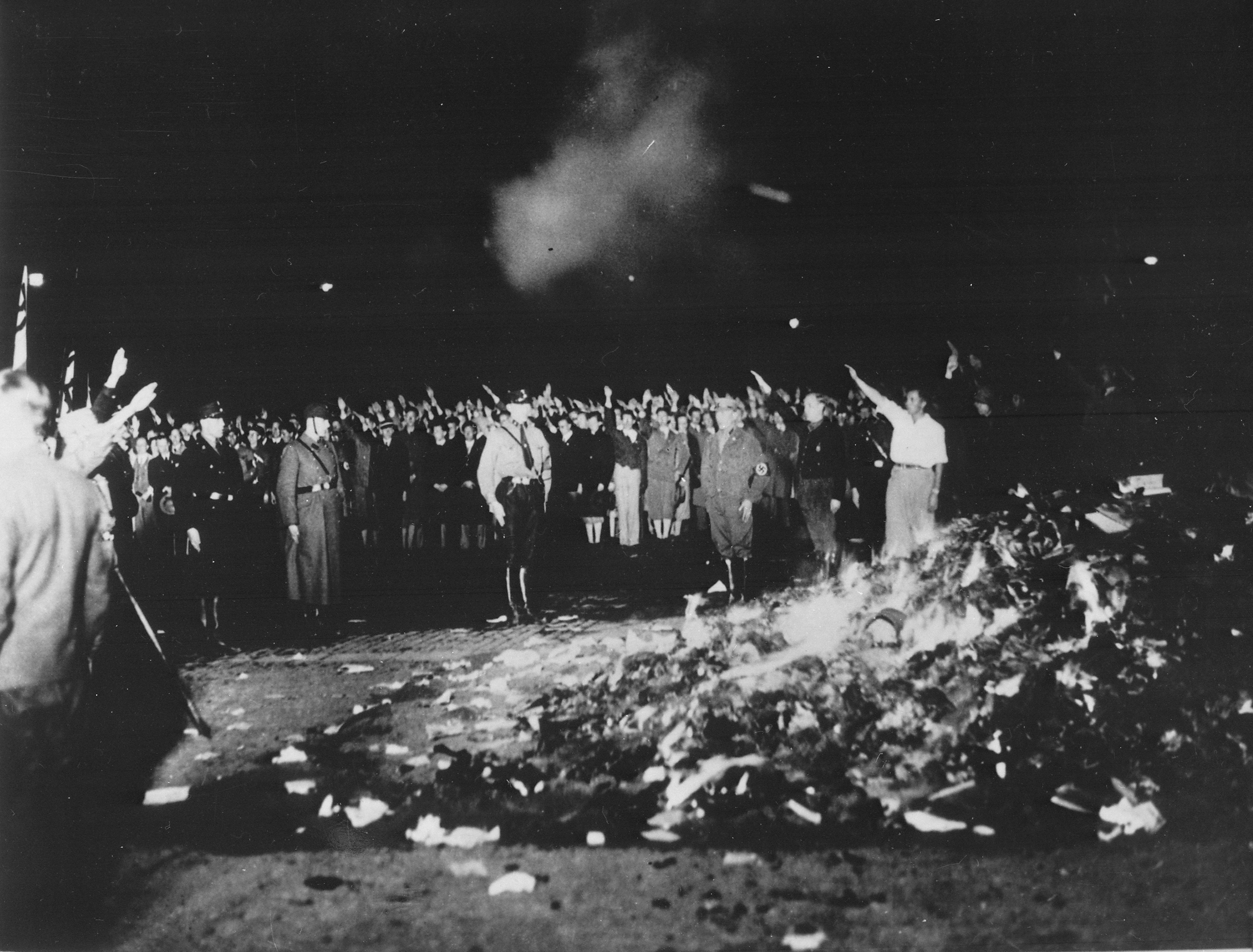 A crowd watches books burn at Berlin's Opernplatz in May 1933.