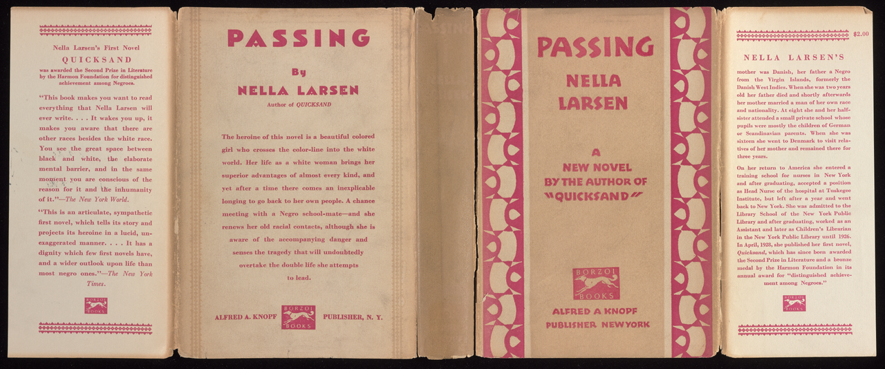 Unfolded 1929 dust jacket for Nella Larsen's novel Passing; the central panel shows the title and author.