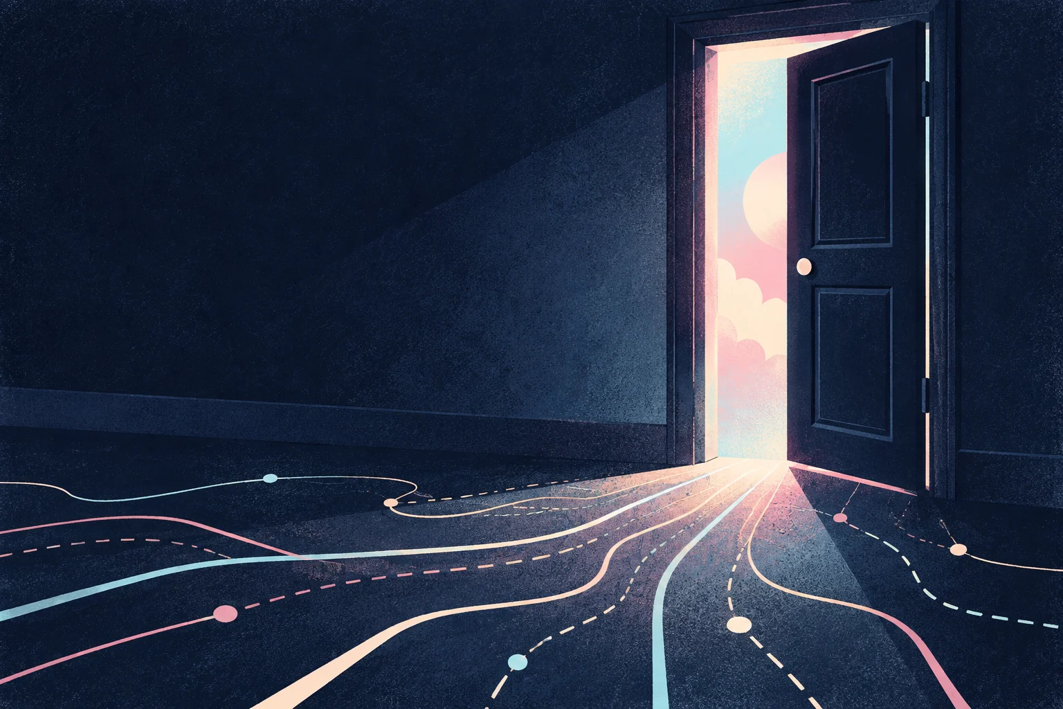 A half-open door casts light across a dark room as several bright paths lead toward it.